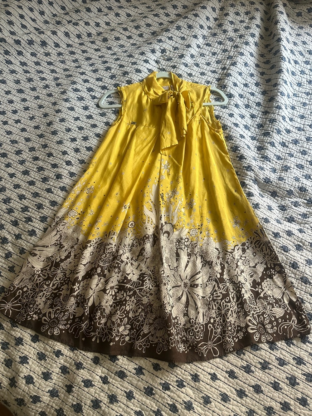 Miss Sixty Yellow and Brown Silk Floral Tie-Neck Girls Dress